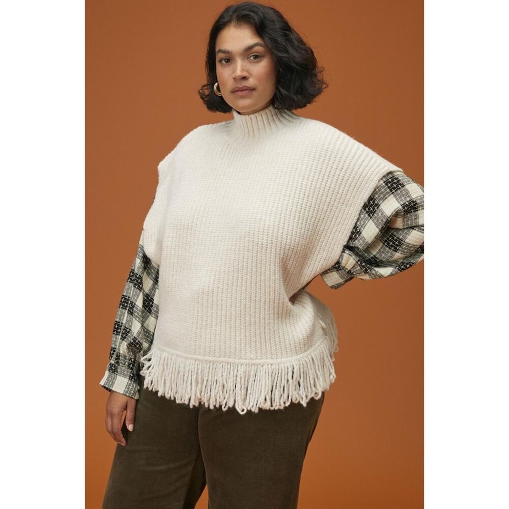 Anthro Cream Chunky Knit Boxy Fit Sweater Poncho w Fringe Hem Mock Neck Sz Small